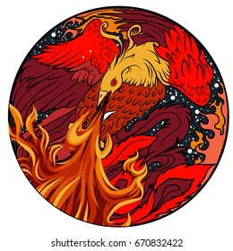 Phoenix Fire bird illustration and character design in circle.Hand drawn Phoenix tattoo Japanese and Chinese style,Legend of the Firebird is Russian fairy tale and it's creature from Slavic folklore.