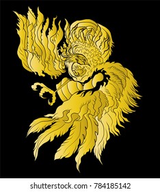 Phoenix Fire bird illustration and character design.Hand drawn Phoenix tattoo Japanese and Chinese style,Legend of the Firebird is Russian fairy tales and it is creature from Slavic folklore.