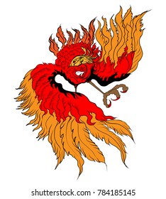 Phoenix Fire bird illustration and character design.Hand drawn Phoenix tattoo Japanese and Chinese style,Legend of the Firebird is Russian fairy tales and it is creature from Slavic folklore.