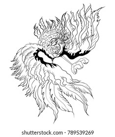 Phoenix Fire bird illustration and character design.Hand drawn Phoenix tattoo Japanese and Chinese style,Legend of the Firebird is Russian fairy tales and it is creature from Slavic folklore.