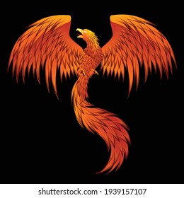 Phoenix Fire Bird Isolated On Black Background.Graphic Vector