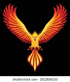 Phoenix fire bird isolated on black background.Graphic vector