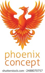 A phoenix fire bird from mythology rising with its wings spread 