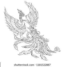 phoenix fire bird outline and isolate on white background.Fenix bird japanese animal tattoo design.