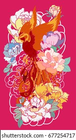 Phoenix fire bird with Peony flower and rose on cloud and wave background.Hand drawn Japanese style.Beautiful  phoenix and flower tattoo on pink background.peacock tattoo Chinese style.
