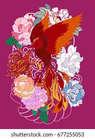 Pássaro de fogo Phoenix com flor de peônia e rosa na nuvem e onda background.Hand desenhado japonês style.Beautiful fênix e tatuagem de flor em roxo background.peacock tatuagem estilo chinês.