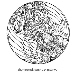 Phoenix fire bird vector and illustration design for tattoo.Chinese Peacock in circle Silhouette and isolated on white background. Phoenix colouring book vector.