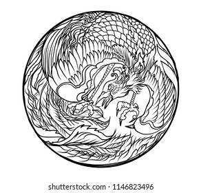 Phoenix fire bird vector and illustration design for tattoo.Chinese Peacock in circle Silhouette and isolated on white background. Phoenix colouring book vector.