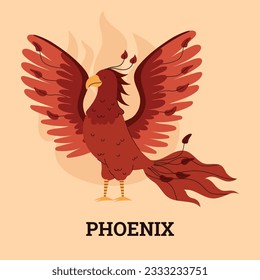 Ilustración vectorial de ave de fuego Phoenix. Personajes fantásticos, criaturas míticas de la época medieval. Ave de fuego de caricatura con cola de pavo real y llama sobre fondo beige