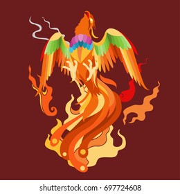 Phoenix in fire. Vector hand drawn illustration in oriental style.