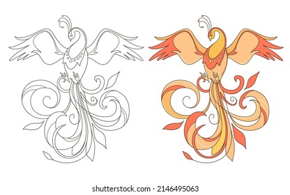 Phoenix (Firebird) from fairy tale. Page of coloring book. Vector illustration isolated on white background.