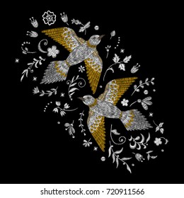 phoenix, firebird. white lace Traditional stylish fashionable embroidered embroidery on a black background. sketch for printing on fabric, bag, clothes, accessories and design. trend vector