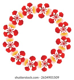 phoenix flower botanical illustration in red orange yellow tones with green leaves on white background.