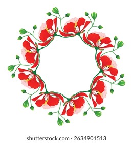 phoenix flor ilustração botânica em vermelho laranja tons amarelos com folhas verdes sobre fundo branco.