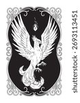 Phoenix folklore magic fire bird over ornate frame black and white hand drawn line art gothic tattoo design isolated vector illustration