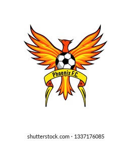 Phoenix football club logo with ribbon. Orange and yellow phoenix color