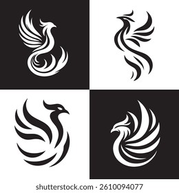 Phoenix, Garuda, Eagle Bird Icon Logo Tattoo Silhouette Set Collection