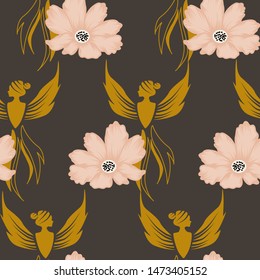Phoenix girl silhouette and bold big flowers, in a seamless pattern design, that can be used on the web or in print, for surface design
