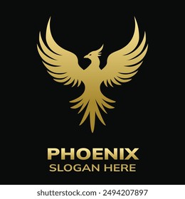 Phoenix. Goldene Vektorgrafik Logo auf schwarzem Hintergrund. Symbol für Wiedergeburt, Transformation und Freiheit. Logo-Vorlage mit goldenem Farbverlauf. Flügel und Schwanz mit Federn ausbreiten. Vogelkopf wird zur Seite gedreht.