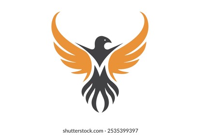 Phoenix. Goldenes Vektorlogo auf schwarzem Hintergrund. Symbol der Wiedergeburt, Transformation und Freiheit. Logo-Vorlage mit goldenem Farbverlauf. Flügel und Schwanz mit Federn verteilen. Vogelkopf ist zur Seite gedreht.