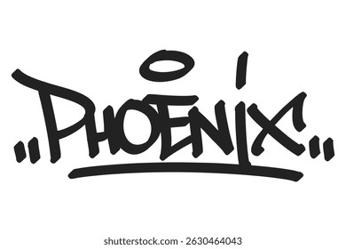 Grafite Phoenix em letras negras em fundo branco. Estilo urbano limpo, ideal para as vibrações da cidade do deserto, cultura de rua e projetos de arte de grafite criativos.