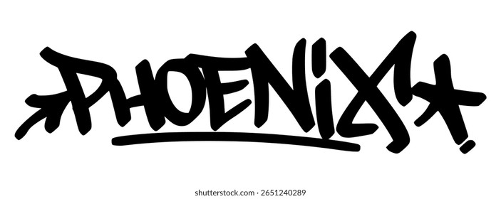 Grafite Phoenix em letras negras em fundo transparente. Desert edge e contraste vibrante ótimo para audaciosos visuais urbanos com atitude de rua
