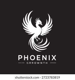 El logotipo del crecimiento de Phoenix presenta un pájaro fénix estilizado que se levanta de las cenizas simbolizando el renacimiento y el crecimiento en un diseño minimalista moderno sobre un fondo negro con texto blanco.