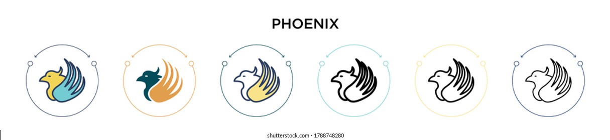Phoenix icon in filled, thin line, outline and stroke style. Vector illustration of two colored and black phoenix vector icons designs can be used for mobile, ui, web