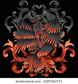 phoenix illustration with baroque ornament