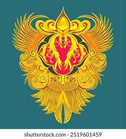 Phoenix illustration design with bright gold color and dynamic geometric shapes. Using traditional elements with modern touch, creating a unique and interesting artwork.