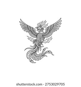 Phoenix illustration with flames, engraved style, mythical bird