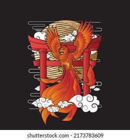 phoenix illustration with japanese style background