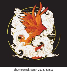 phoenix illustration with japanese style background