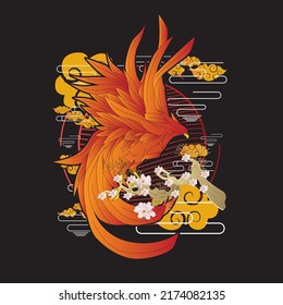 phoenix illustration with japanese style background