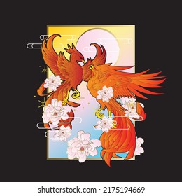 phoenix illustration with japanese style background