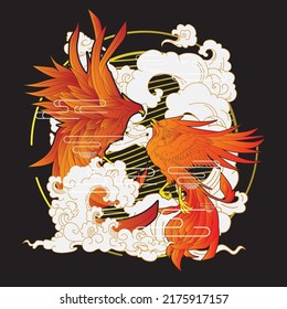 phoenix illustration with japanese style background