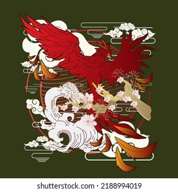 phoenix illustration with japanese style background