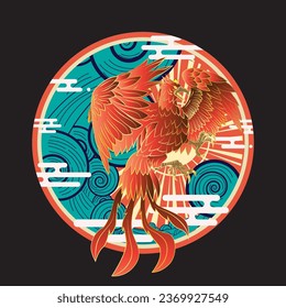 phoenix illustration with japanese style background