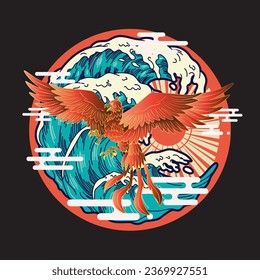 phoenix illustration with japanese style background