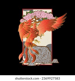 phoenix illustration with japanese style background