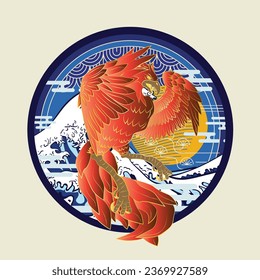 phoenix illustration with japanese style background