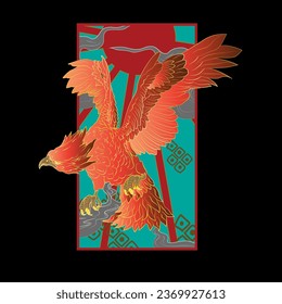 phoenix illustration with japanese style background