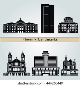 Phoenix landmarks and monuments isolated on blue background in editable vector file