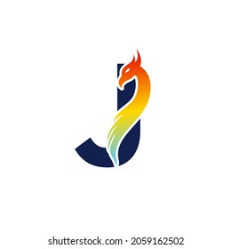 Phoenix letter J logo. Abstract colorful phoenix icon integrated in letter.