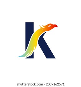 Phoenix letter K logo. Abstract colorful phoenix icon integrated in letter.