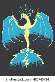 The phoenix a lightning flies in the sky. Illustration.