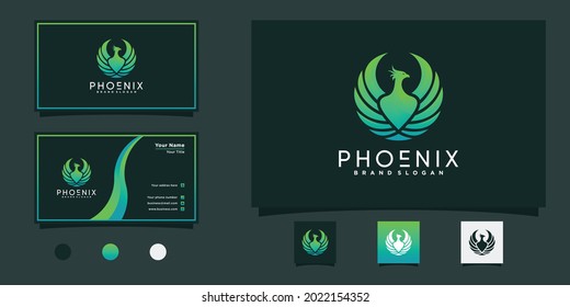 Phoenix logo with cool gradient style, wing, eagle, and business card Premium Vector
