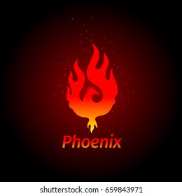 Phoenix LOGO - creative logo of the mythological bird Fenix, a unique bird - a flame born from  ashes. Silhouette of a fire bird. Logo template in form of fire and bird coming out of flame and sparks.