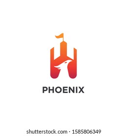 Phoenix logo design castle vector orange flame