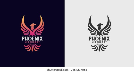 Phoenix logo illustration with two version. Red and silhouette Color Phoenix Bird with Spread Wing Logo Design